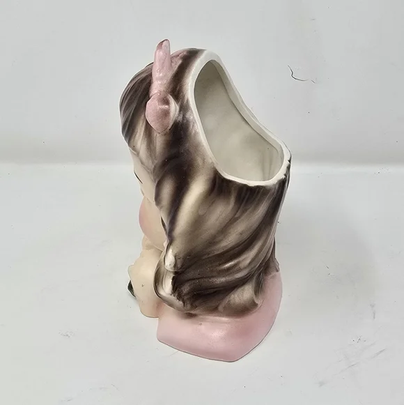 Vtg Enesco delsey girl head vase brown hair flowers 1960s ceramic - Picture 6 of 8